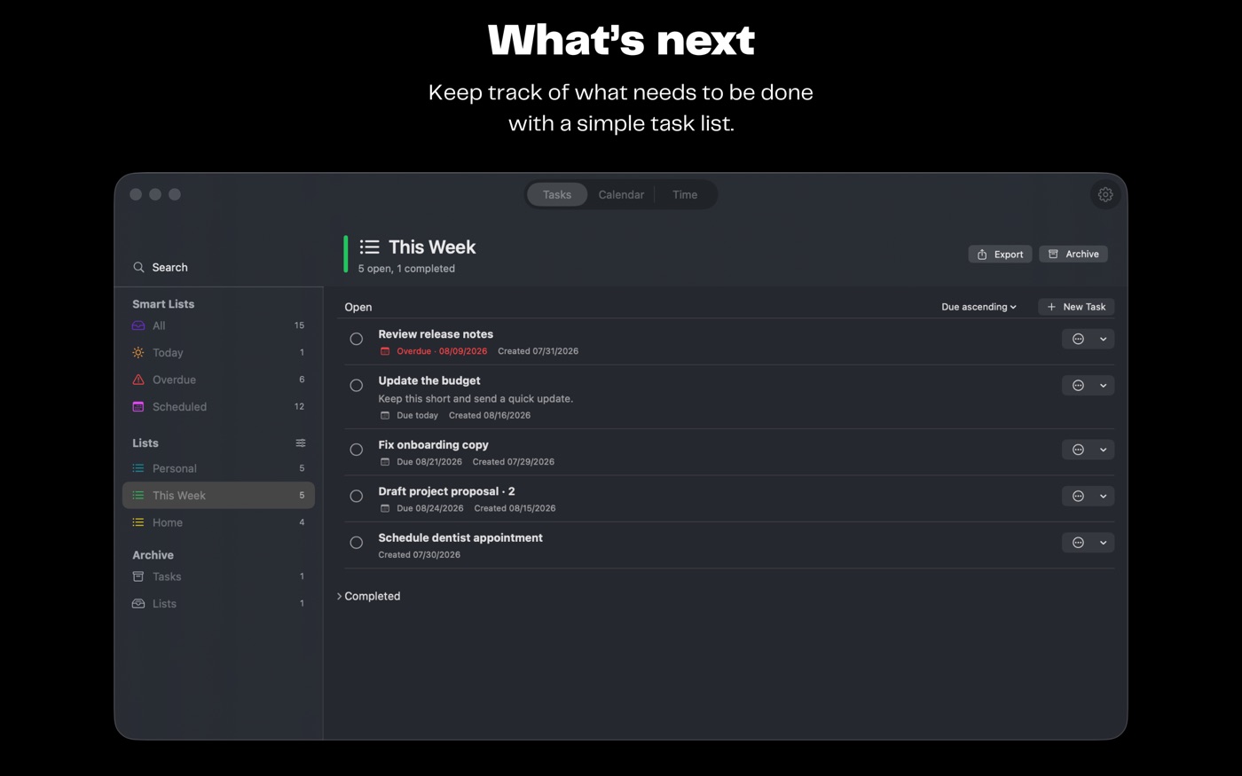 Daylogger task list view showing open and completed tasks
