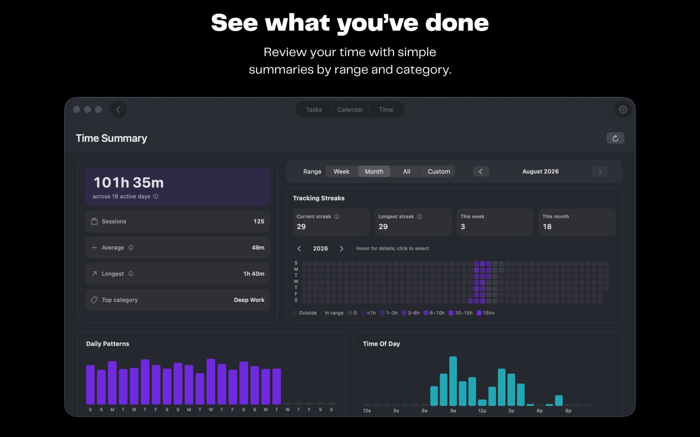 Daylogger time summary view with totals, streaks, and daily patterns